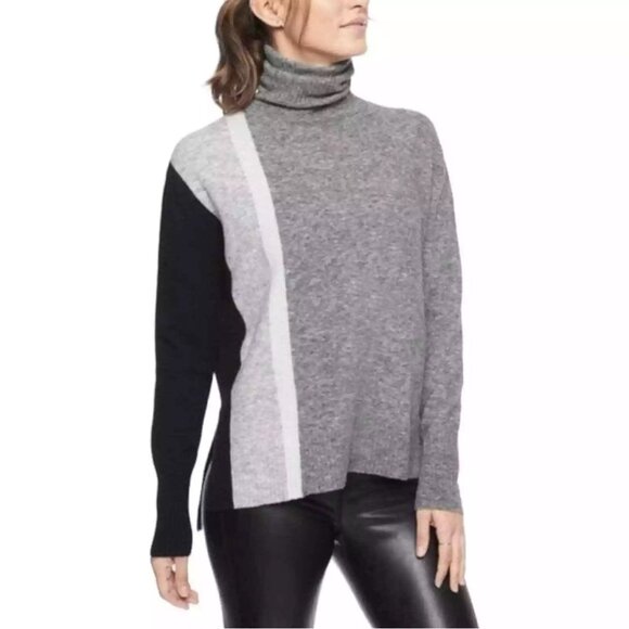 ATHLETA Transit Colorblock Merino Knit Wool Turtleneck Hi Low Sweater Small /L1 - Picture 1 of 8